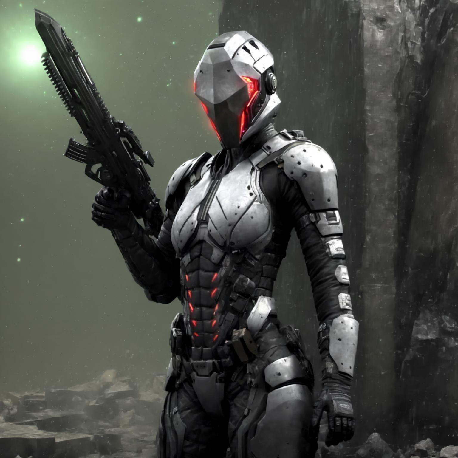 Photograph of  Sultry boudoir photography epic a female (caldari mercenary:1.8) in a suit with (a cybernetic shield) in the foregrounded suit and a helmet, standing in front of a destroyed futuristic building, demolish, (laser beams), science fiction cubic fortres, hdr, 16k uhd, [half body], green shadows, green light, green studio light. Silks, elegant lingerie, seductive gaze, carefully posed, captured on a (Canon EOS-1D X Mark III)