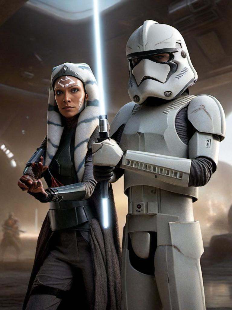 ahsoka and  stormtrooper is standing in a dark room, stormtrooper , dynamic pose<lora:sdxl_lora_stormtrooper:1> <lora:sdxl_lora_ahsoka:0.6>