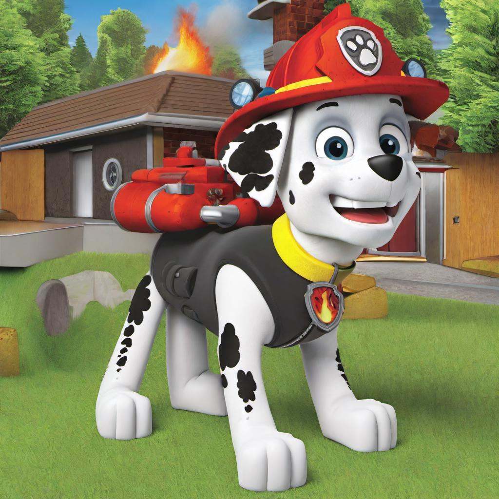 dog marshal in the fire , burning tree<lora:sdxl_lora_marshal_paw_patrol:1>