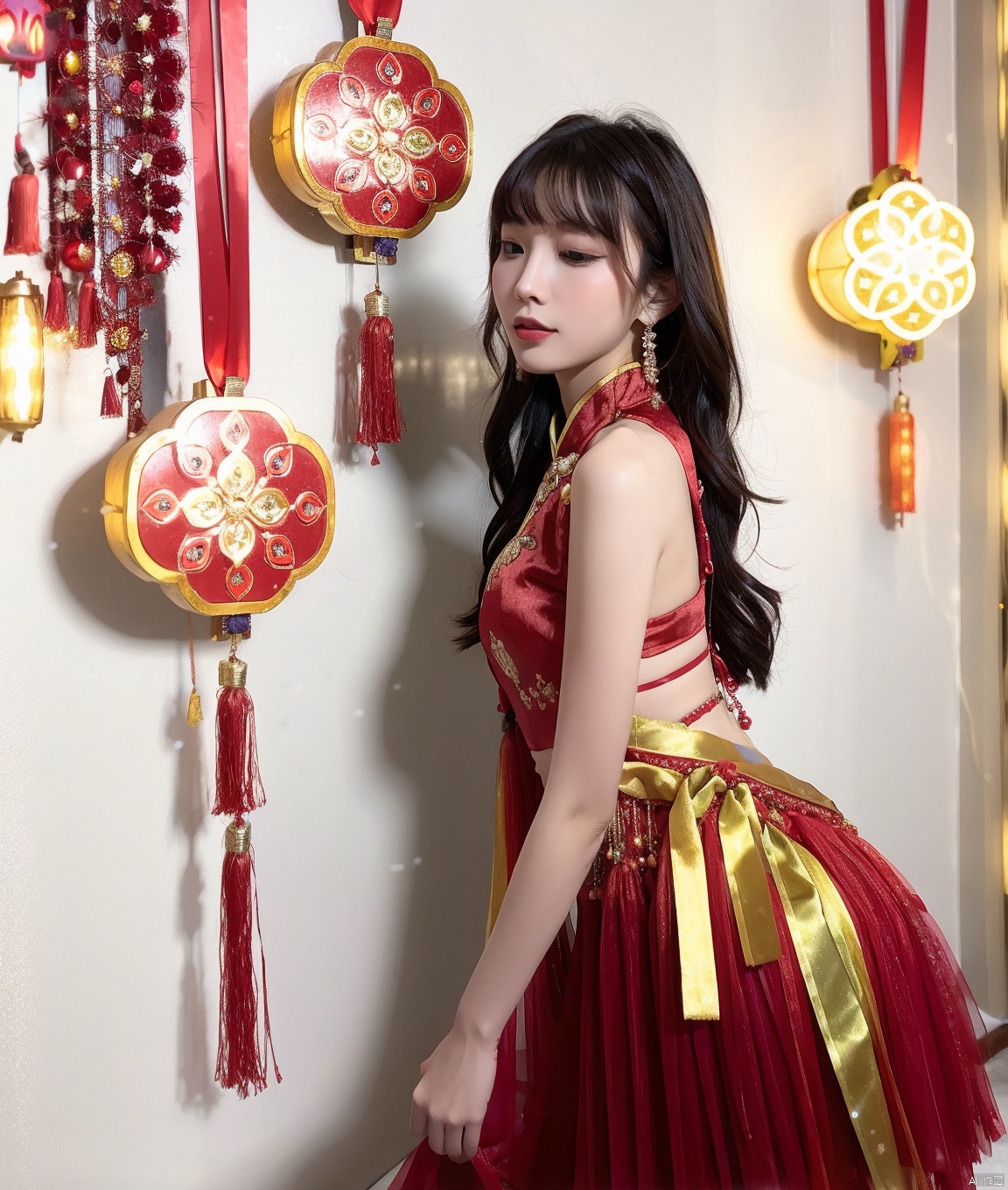 Beauty wearing a red dress. Pass the Chinese New Year. The background is a festive background,  and there are beautiful bl...