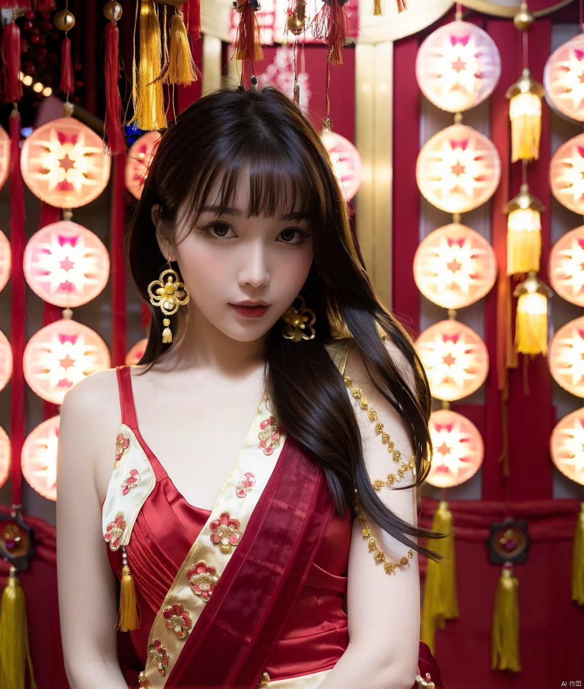 Beauty wearing a red dress. Pass the Chinese New Year. The background is a festive background,  and there are beautiful bl...
