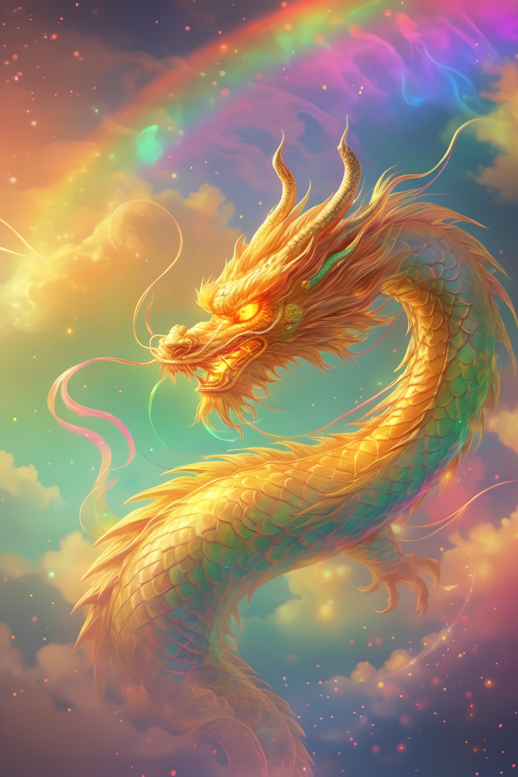 chinese dragon,glowing_eye,rainbow,sky,XCJL 