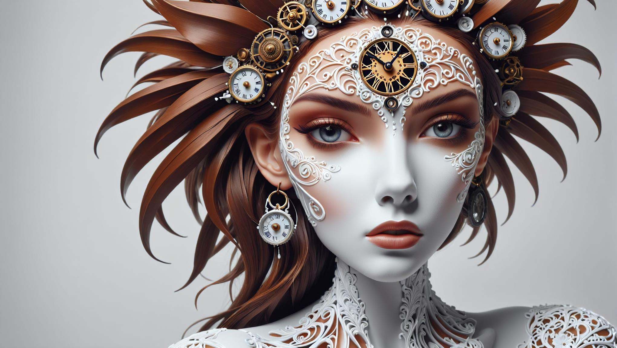 Photograph of  Painting using acrylic paints The image features a sculpture of a head, which appears to be a bust of a person. The head is covered in a complex and intricate design, resembling a machine or a clock. The sculpture is made of white plastic, giving it a unique and artistic appearance. The head is positioned in the center of the image, drawing attention to its intricate details and craftsmanship., often on canvas, known for quick drying and versatile techniques., captured on a (Hasselblad X1D II 50C)
