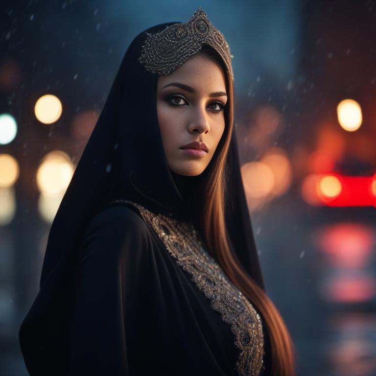 (Gorgeous Photo:1.3) of (Ultra detailed:1.3),((best quality)), ((masterpiece)), ((realistic)) , RAW photo, photorealism, (photorealistic:1.4),(intricate details, hyperdetailed:1.15),hdr,uhd,16k, 16k textures, dlsr,, detailed gorgeous face, dreamy, glowing, backlit, glamour, glimmer, shadows, perfect anatomy, fantastic,sci-fi style, ((postapo style)), realistic, stunning realistic photograph, futuristic, ((dynamic pose)), ((run to camera)), destroyed city in background, fire in the background,Marta Tomczuk, amazing long hair Playboy Playmate,  (arabian lady:1.4) wearing decorated dress and going to atack, airy decorated black jacket, ultra detailed artistic photography,(( clotted blood on the suitarmor)), ((dust on suitarmor)), decorated diadem,, half body,((decorated silk niqab ):1.3),veil in the air,, rain, midnight aura, night sky, detailed gorgeous face, dreamy, glowing, backlit, glamour, glimmer, shadows,  perfect anatomy, fantastic, one black rose in hair,sci-fi, aura, realistic, stunning realistic photograph,(intricate details, hyperdetailed:1.15),  dlsr, red light, warning light, hurry