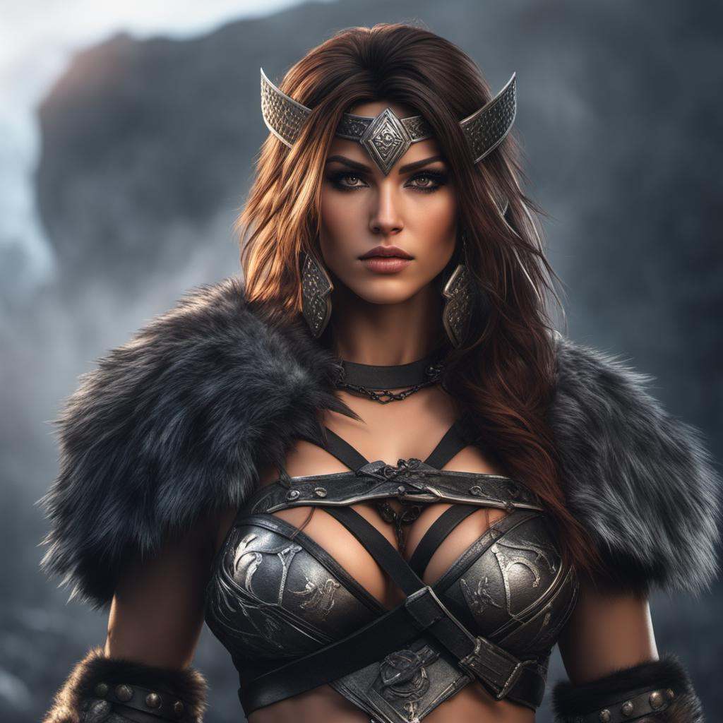 photo realistic, ultra details, natural light ultra detailed portrait of a female barbarian,  ((barbarian female face volumetric fog)), Hyperrealism, breathtaking, ultra realistic, ultra detailed, cyber background, cinematic lighting, highly detailed, breathtaking, photography, stunning environment, wide-angle,photo realistic, ultra details, fancy black bra,fancy belt,((dynamic pose)),