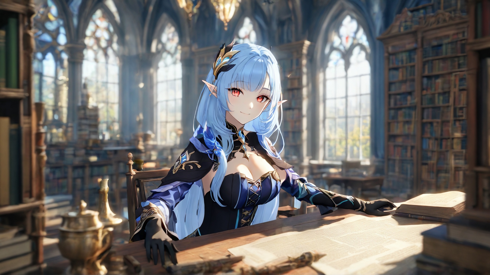 ray tracing,{best quality},{{masterpiece}},{highres},original,extremely detailed 8K wallpaper,{an extremely delicate and beautiful},incredibly_absurdres,colorful,intricate detail,artbook,with a window letting in natural light and a bookshelf full of various books,Nearby,one can see a cup placed on a table,depth of field,blurry foreground,1girl,pointy ears,long hair,hair ornament,looking at viewer,solo,breasts,bangs,smile,cleavage,closed mouth,elf,gloves,indoors,blue hair,black gloves,red eyes,yellow red eyes,<lora:corrpution-xl:0.8>,
