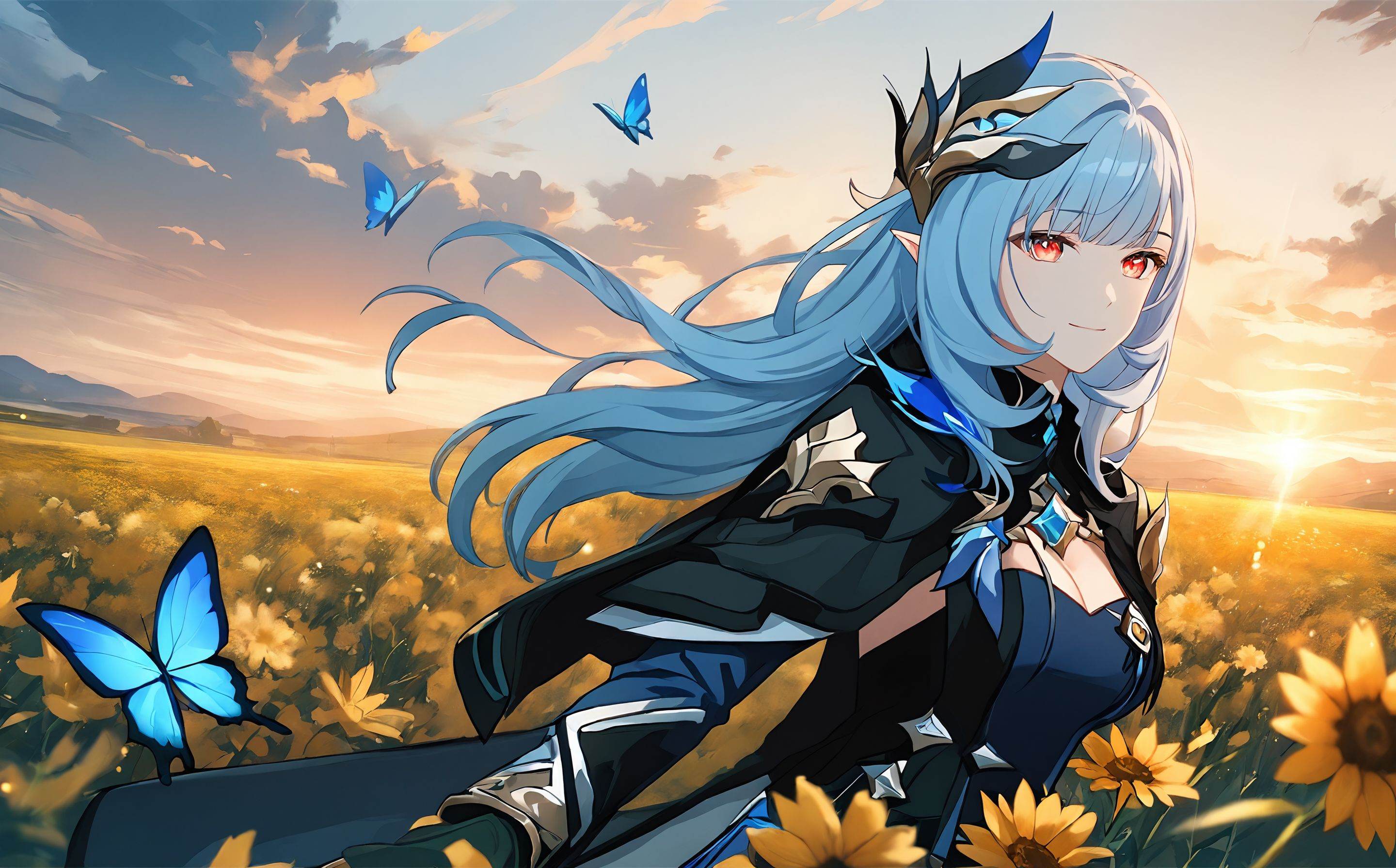 masterpiece,best quality,extremely detailed CG unity 8k wallpaper,close up,(cowboy shot),(skadi {arknights}),(Inception_(film)),beautiful detailed eyes,detailed clothes,solo,from side,Blue butterfly flying away,looking up,looking at viewer,gloom,original,floating,upper body,(medium chest),(black cloak),cinematic highlight hair,(depth of field),(beautiful sky),cloud,nature,(flower field:1.2),wind blowing,(horizon),(sunset),handsome,1girl,pointy ears,long hair,(hair ornament:0.8),looking at viewer,solo,breasts,bangs,smile,cleavage,closed mouth,elf,gloves,indoors,blue hair,black gloves,red eyes,yellow red eyes,<lora:corrpution:0.8>,