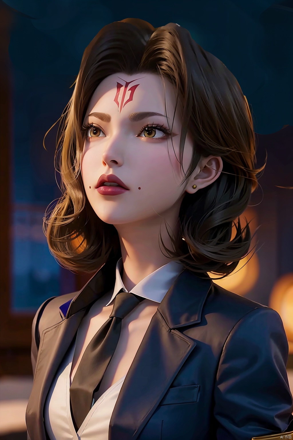  A girl,office,orehead mark,mole,(European model: 1.3),31 years old, exquisite, business women's clothing, (jacket: 1.1),High collar,(shirt: 1.1), filigreth, quality, skyscraper boss's office, windows that can see the cityscape, film grain, depth of field
, forehead mark