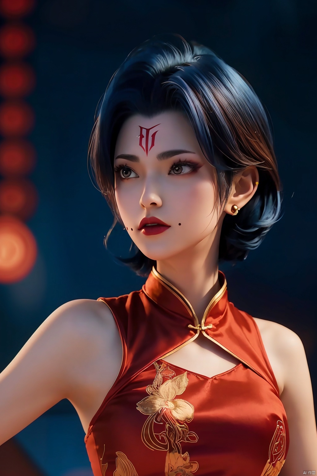  duotone red and white,1girl,cheongsam,Embroidery,Arm tattoo, blue short hair,side slit,earrings, blurred background, lighting, forehead mark,mole,