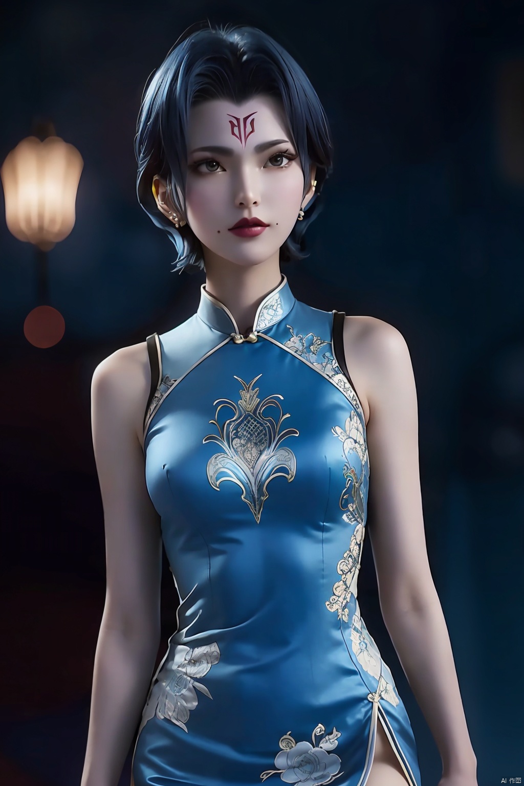  duotone blue and white,1girl,cheongsam,Embroidery,Arm tattoo, blue short hair,side slit,earrings, blurred background, lighting,