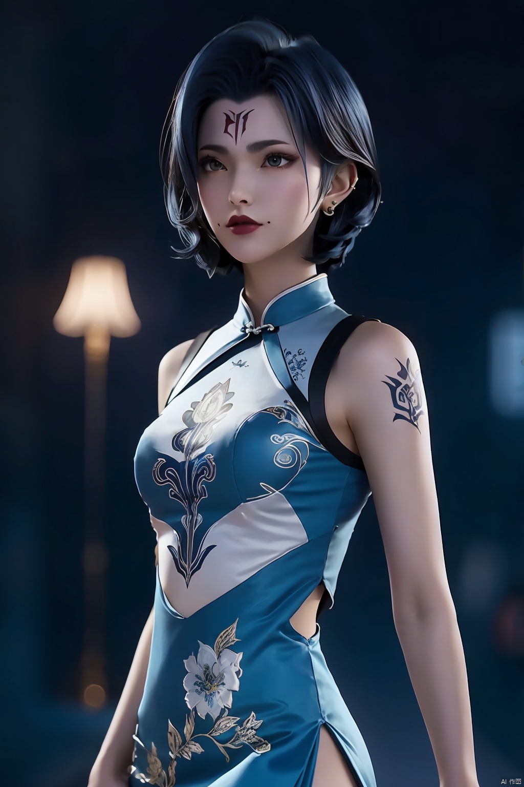  duotone blue and white,1girl,cheongsam,Embroidery,Arm tattoo, blue short hair,side slit,earrings, blurred background, lighting,