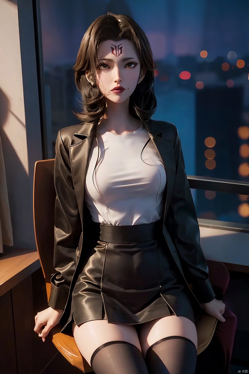  A girl was sitting in an office chair,orehead mark,mole,(European model: 1.3),31 years old, exquisite, business women's clothing, (jacket: 1.1),(shirt: 1.1),(wrap skirt: 1.1), jewelry, knitwear, black stockings, (fidelity: 1.3), filigreth, quality, (masterpiece: 1.2),(fidelity: 1.2),(slender legs: 1.3),(skin details: 1.3),(complex details), drama, ray tracing, photos, bathed in light and shadow, visual novels, skyscraper boss's office, windows that can see the cityscape, film grain, depth of field
, forehead mark