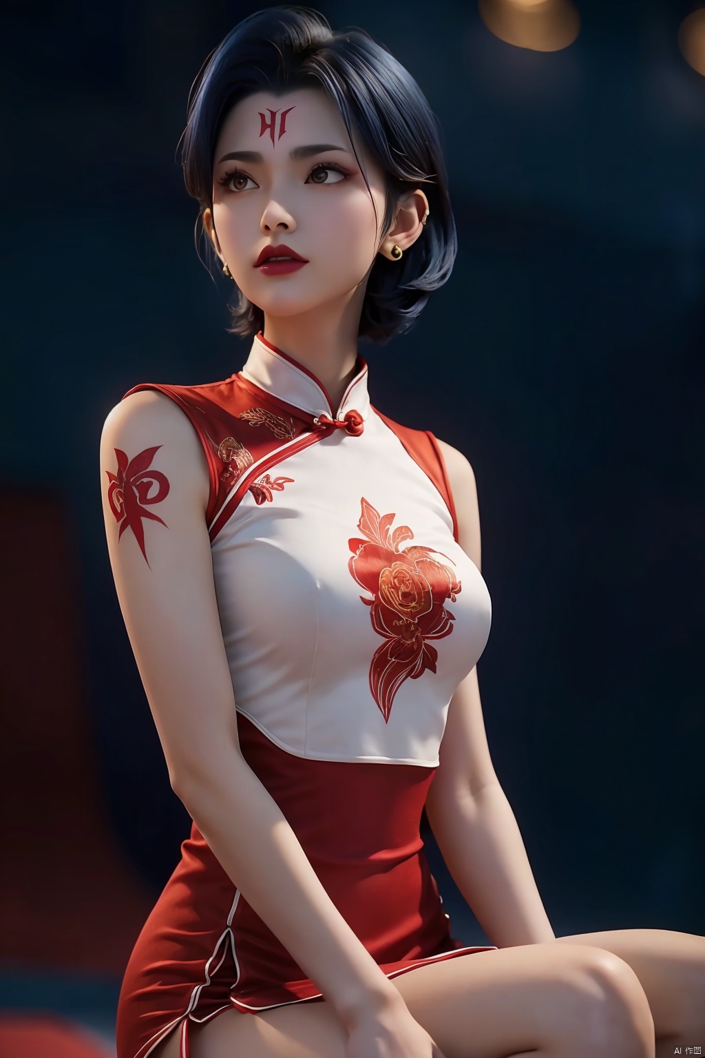 duotone red and white,1girl,cheongsam,Embroidery,Arm tattoo, blue short hair,side slit,earrings, blurred background, lighting, forehead mark