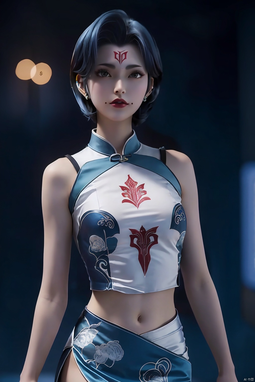  duotone blue and white,1girl,cheongsam,Embroidery,Arm tattoo, blue short hair,side slit,earrings, blurred background, lighting,