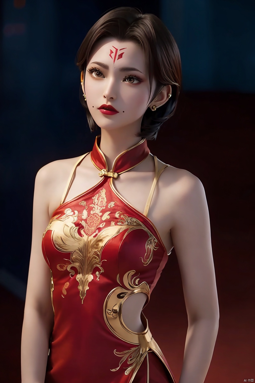  duotone red and white,1girl,cheongsam,Embroidery,Arm tattoo, short hair,side slit,earrings, blurred background, lighting, forehead mark,mole,