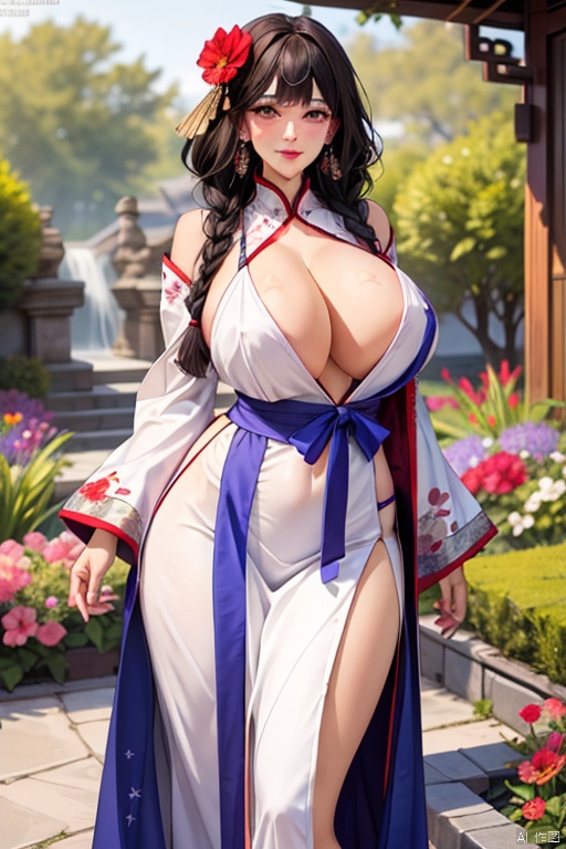  ,The eyes are delicate,Ancient Chinese beauties with double braids,Gorgeous lace Hanfu,a garden with many flowers, Colossal tits,overmany,big and droopy,big titietra big tits,（（（tmasterpiece）））, （（Best quality））, （（intricately details））, （（hyper realisitc））（8K）,发光皮肤
