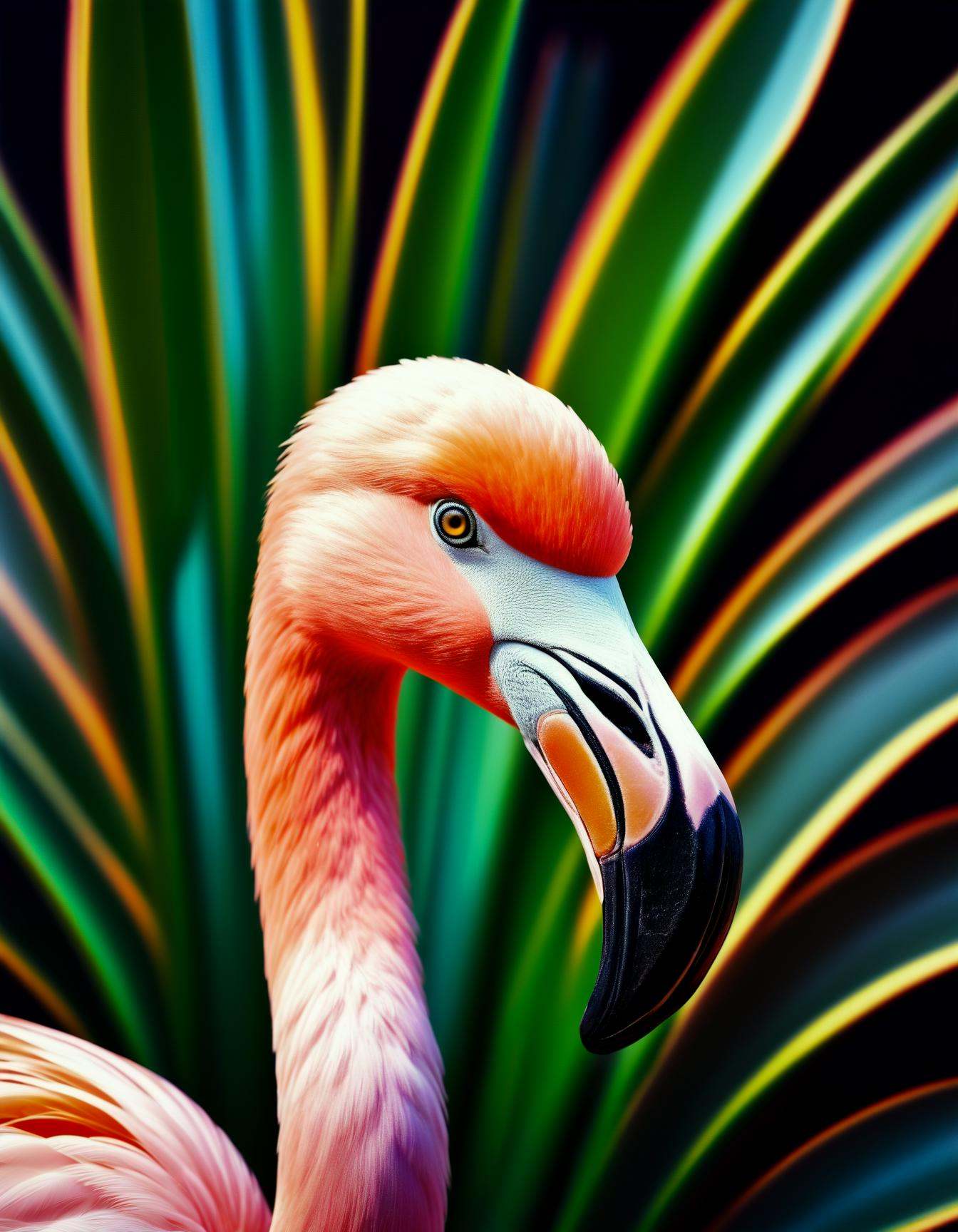 Photograph of beautiful photo of a flamingo with opal pattern feathers,  upclose view of head,  4 k on Tensor.Art