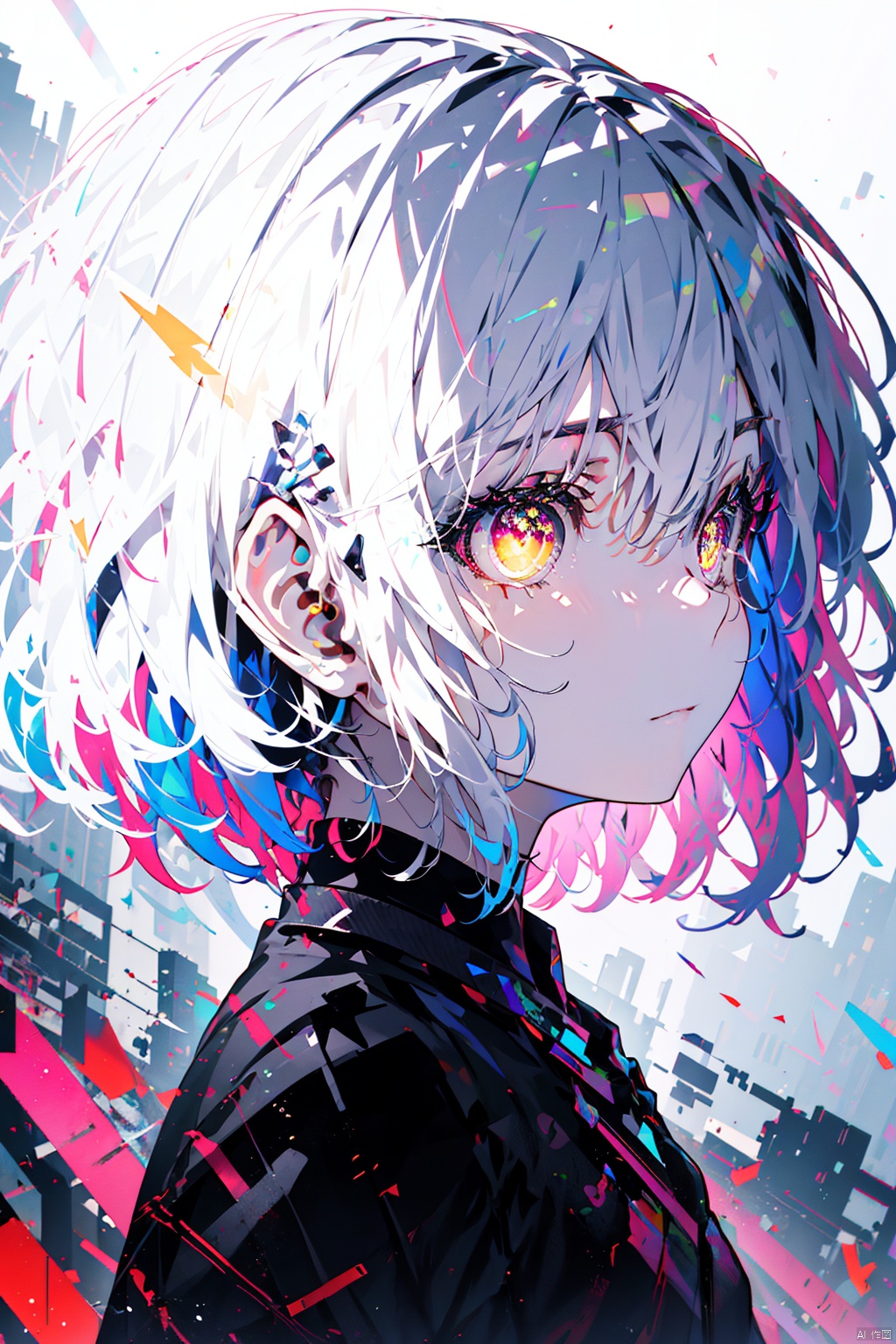 Light-electric style,  shining,  solo,  short hair,  multicolored eyes,  Colorful pupils, looking at viewer,  bangs,  from side,  white hair,  multicolored hair,  1other, Head, Big head photo, ,  rainbow hair,  closed mouth,  androgynous,  1girl,  glint,  glowing,  simple background,  shiny,  looking to the side, Gorgeous background,<lora:EMS-282257-EMS:0.700000>