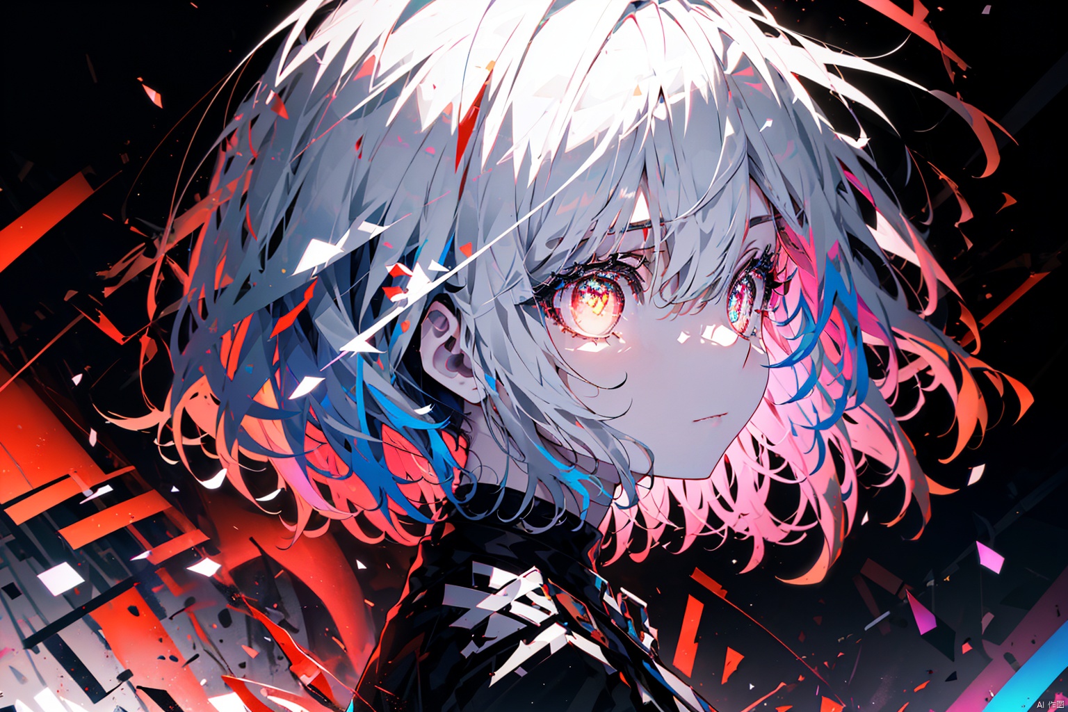 Light-electric style,  shining,  solo,  short hair,  multicolored eyes,  Colorful pupils, looking at viewer,  bangs,  from side,  white hair,  multicolored hair,  1other, Head, Big head photo, ,  rainbow hair,  closed mouth,  androgynous,  1girl,  glint,  glowing,  simple background,  shiny,  looking to the side, Gorgeous background, Heads, The picture is focused on the eyes, Big eyes, Close-up of eyes, Colorful,<lora:EMS-282257-EMS:0.700000>