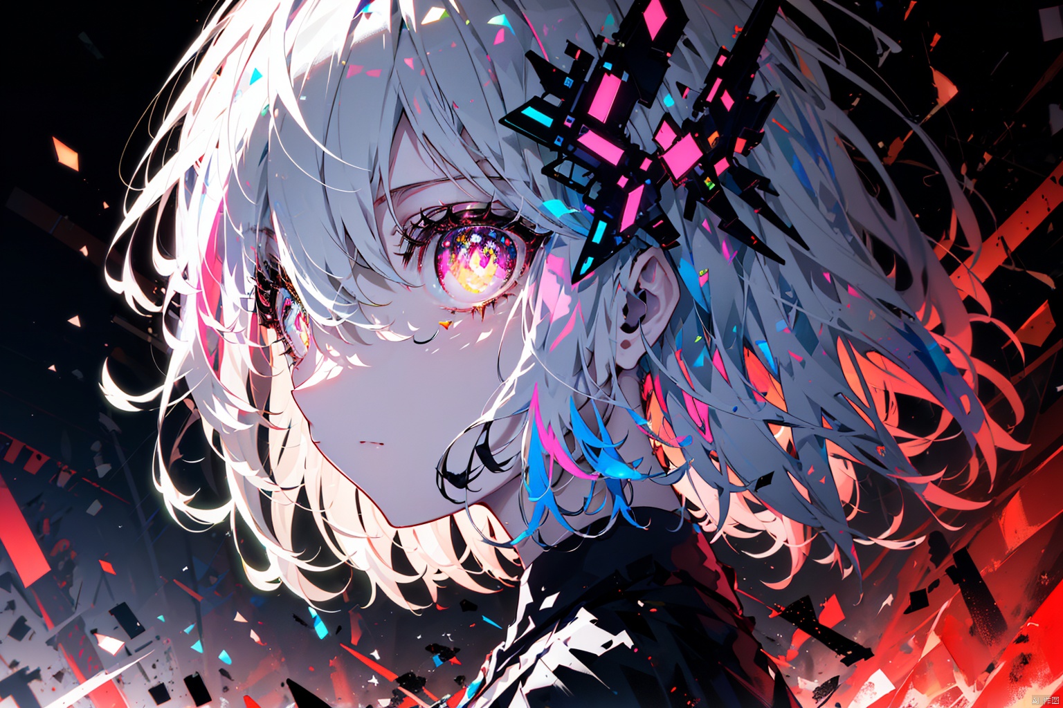 Light-electric style,  shining,  solo,  short hair,  multicolored eyes,  Colorful pupils, looking at viewer,  bangs,  from side,  white hair,  multicolored hair,  1other, Head, Big head photo, ,  rainbow hair,  closed mouth,  androgynous,  1girl,  glint,  glowing,  simple background,  shiny,  looking to the side, Gorgeous background, Heads, The picture is focused on the eyes, Big eyes, Close-up of eyes, Colorful,<lora:EMS-282257-EMS:0.700000>