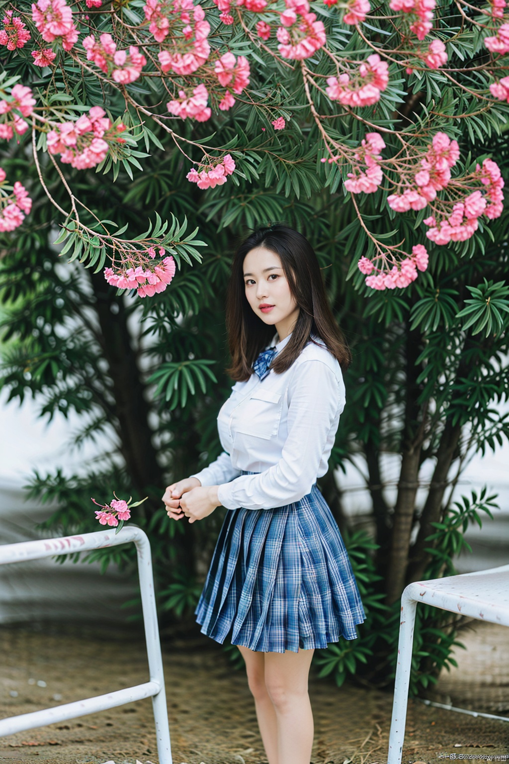 1girl, solo, (best quality, masterpiece, ultra-high resolution, 4K, HDR, UHD, 64K, official art), (photorealistic:1.3, realistic:1.3), legs,(indoors, classroom, black board, school desk), (Canon RF 85mm f/1.2L 85mm), (flower arrangement:1.2),floating hair, long hair, brown hair,(full body:1.3), (busty:1.2),(standing:1.3), (huge breasts:1.3), facing viewer, wetclothes, publictattoo, (foot focus:1.2, sport shoes), , JK