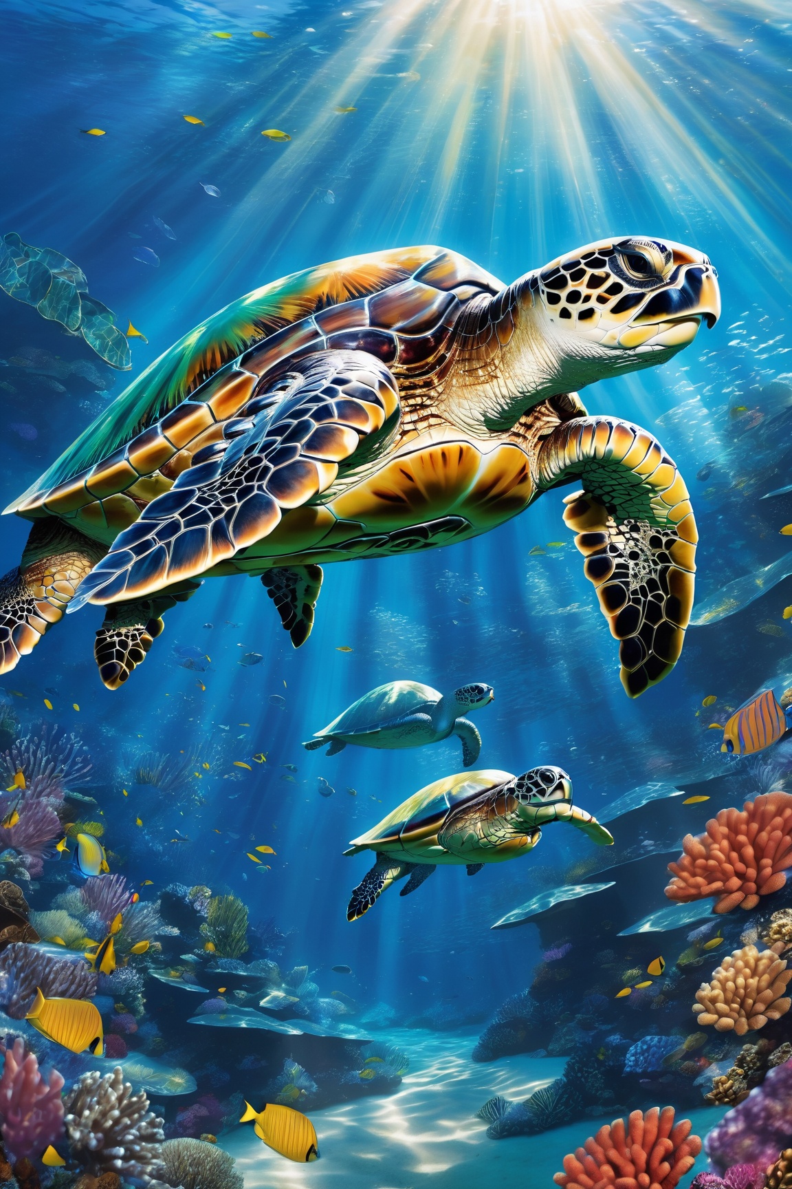 (aquatic,  underwater) wonder captured in exquisite detail. Dive into an underwater paradise where a majestic sea turtle g...