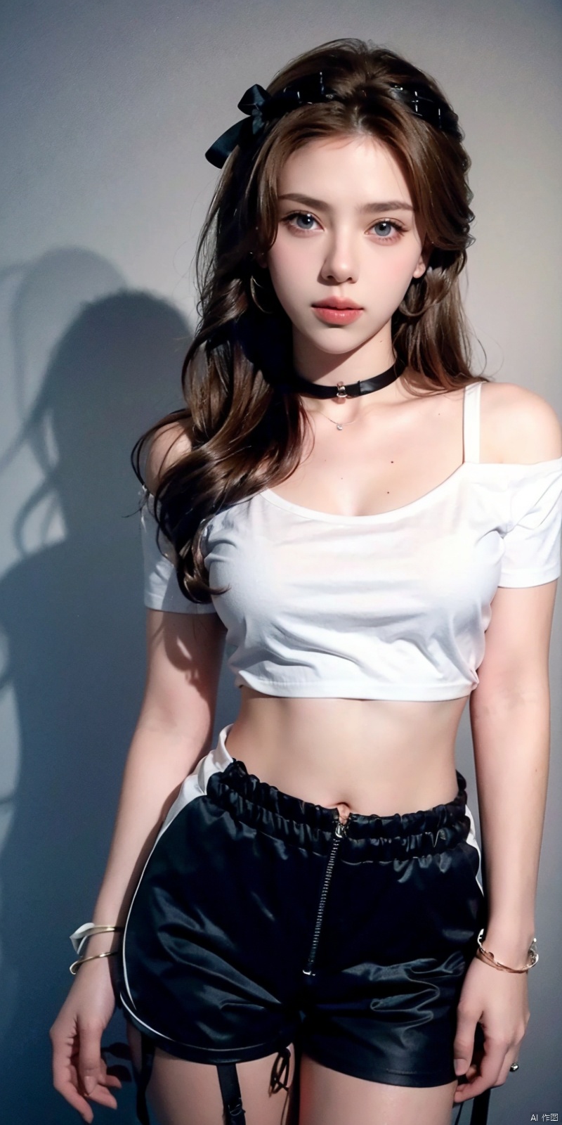  nai3, 1girl, shorts, solo, crop top, black shorts, choker, blue eyes, black hair, navel, shirt, midriff, crop top overhang, looking at viewer, white shirt, jewelry, breasts, cowboy shot, bare shoulders, short shorts, off-shoulder shirt, off shoulder, black choker, thighs, stomach, hand on own thigh, long hair, bracelet, short sleeves, ribbon, hand up, collarbone, hair ribbon, medium breasts, standing, high-waist shorts, dolphin shorts, bra strap, closed mouth, hair ornament, thigh gap, bangs, necklace, expressionless, , , heiguafu,brown-hair,long_hair