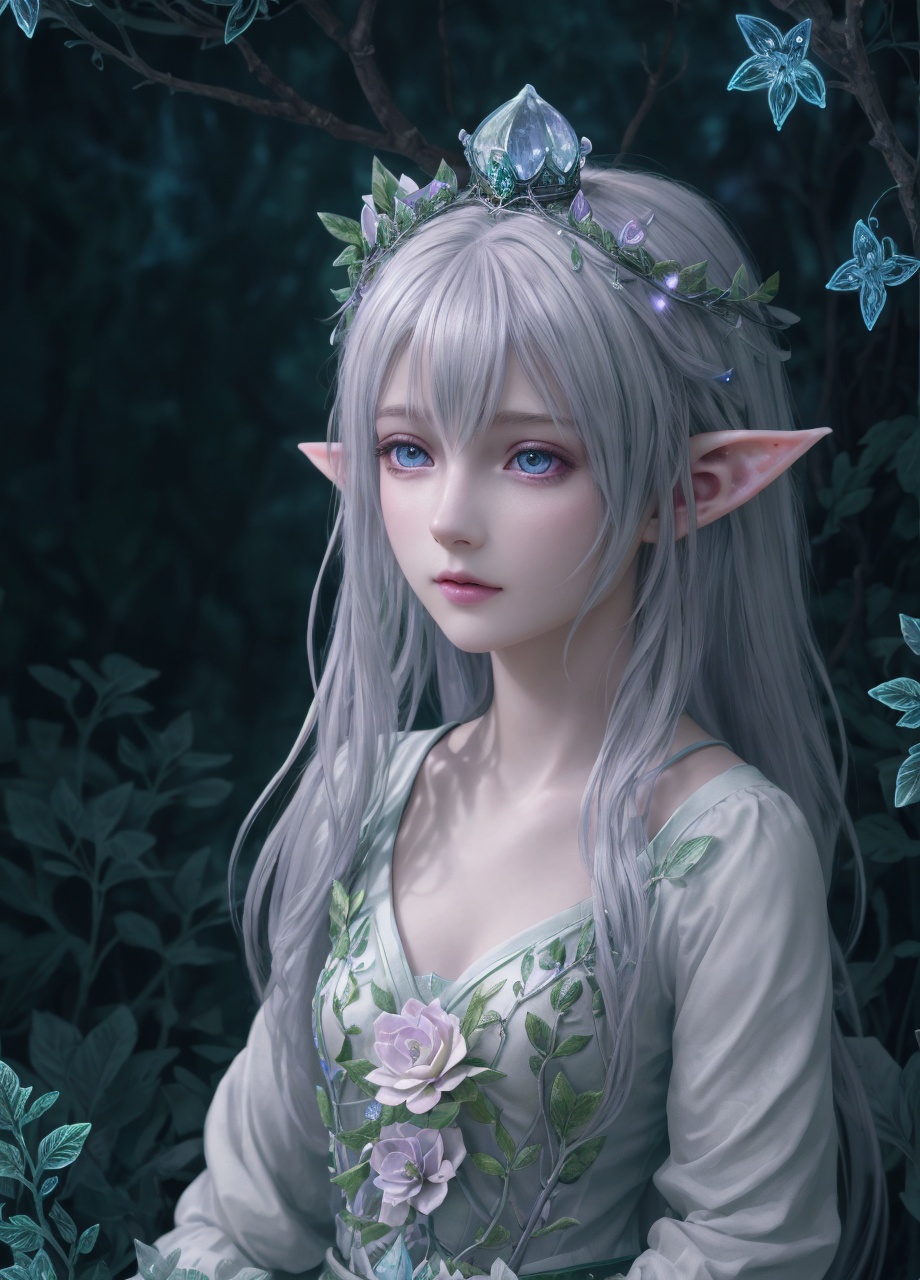 HDR,  Ultra detailed illustration of a elf with crown lost in a magical world full of wonders forest,  unique luminous flo...