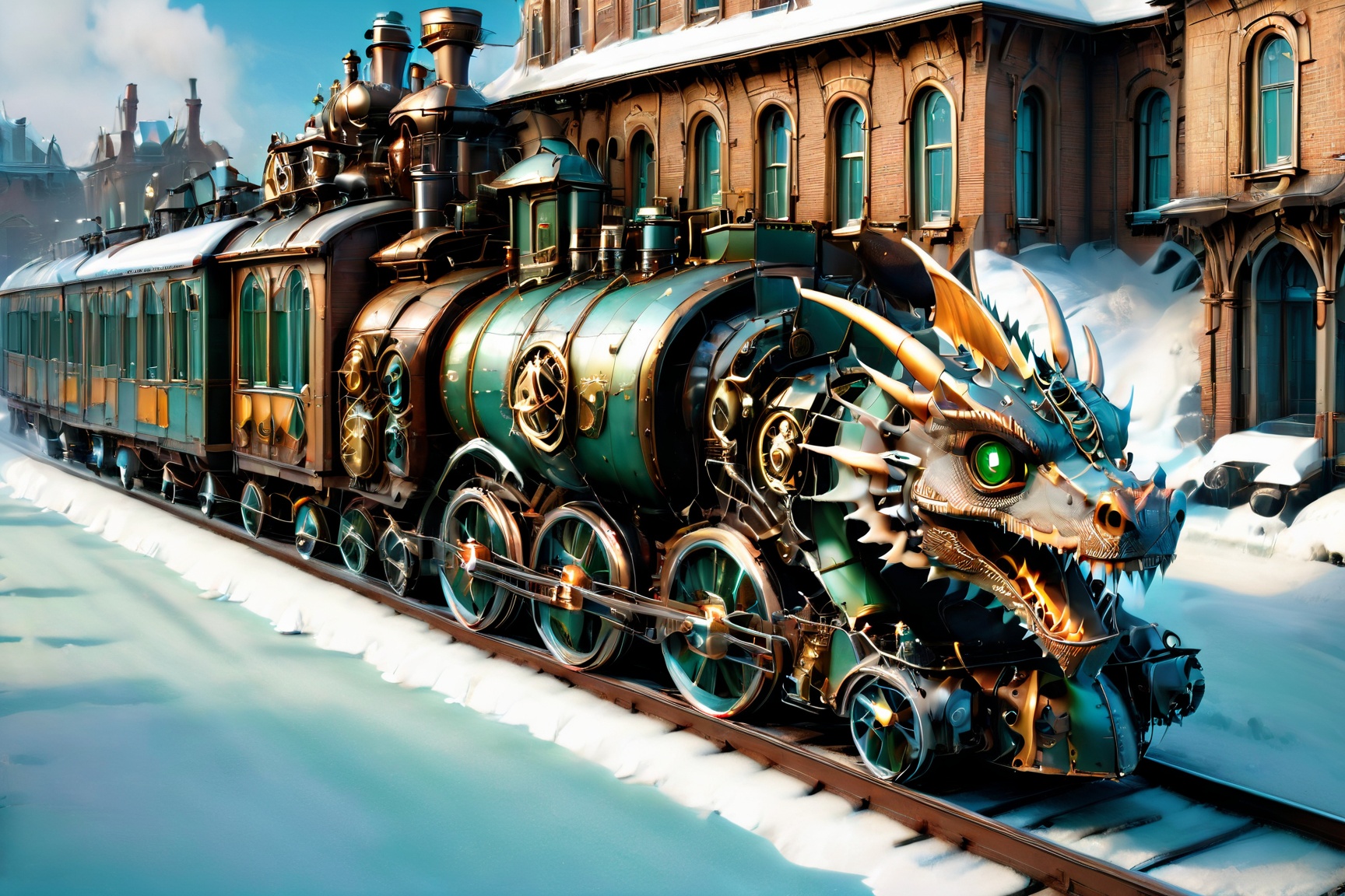 realistic photo of dragon train,  a steampunk style,  (wide angle) on Tensor.Art