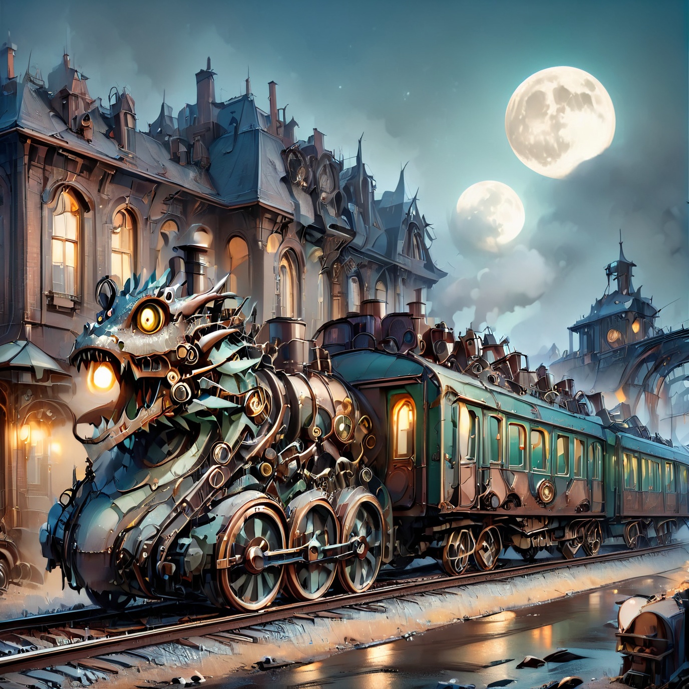 night time,  realistic photo of dragon train,  a steampunk style on Tensor.Art