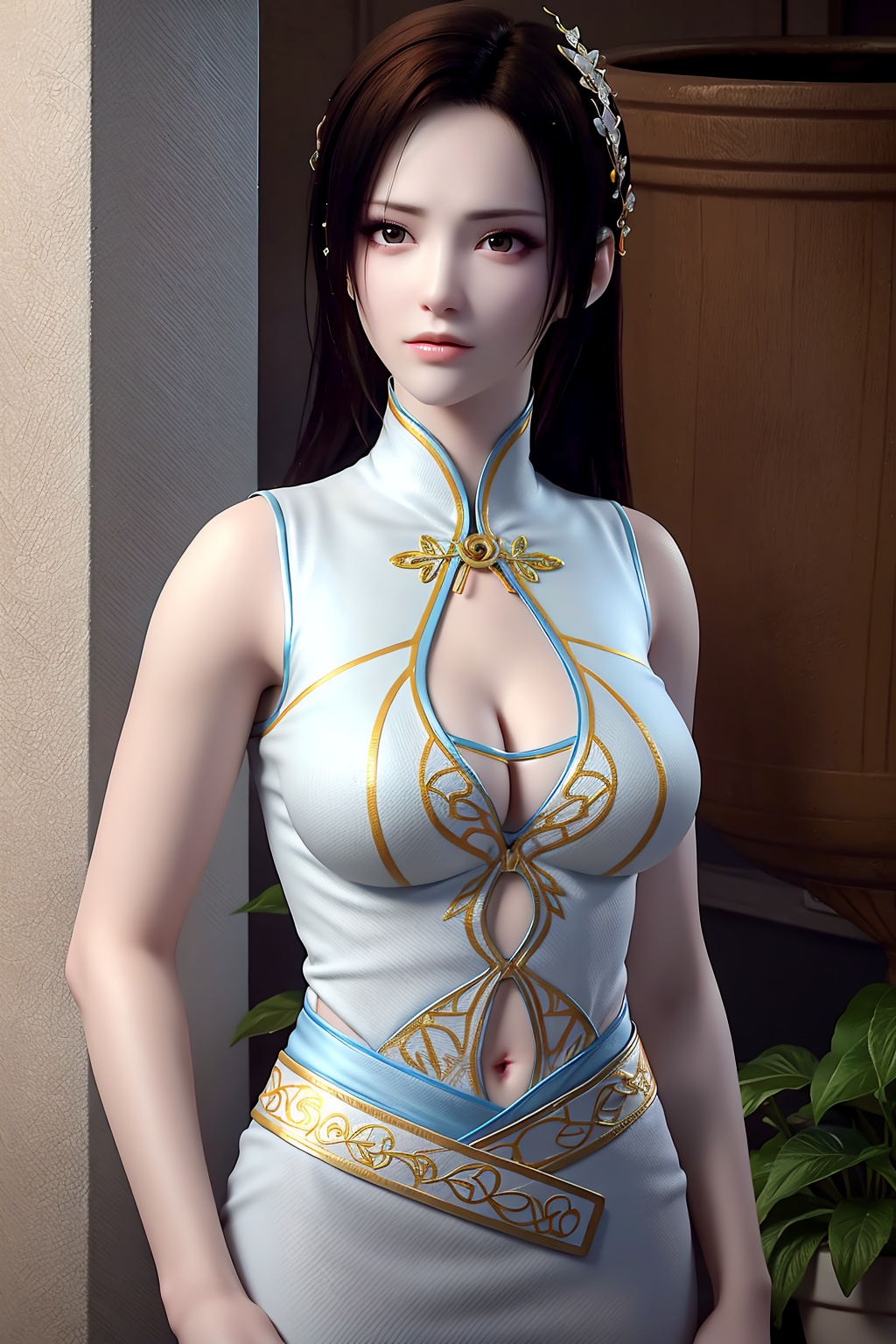 standing, dress, chinese clothes, looking at viewer, (east asian architecture,  flower pot, plant), 1girl,solo, long hair,  black hair, forehead mark, facial mark,hair ornament,jewelry,earrings, white legwear, fingernails, nail polish,photo_\(medium\),(breasts, medium breasts, cleavage),makeup,(8k, RAW photo, best quality, masterpiece:1.2),(realistic, photorealistic:1.3),ultra-detailed,extremely detailed cg 8k wallpaper,(crystalstexture skin:1.2), (glowing skin:1.2),  (shiny skin:1.3), extremely delicate and beautiful,<lora:syqiangk_加强_重置_纳兰Y然_C9_2.1:0.8>,