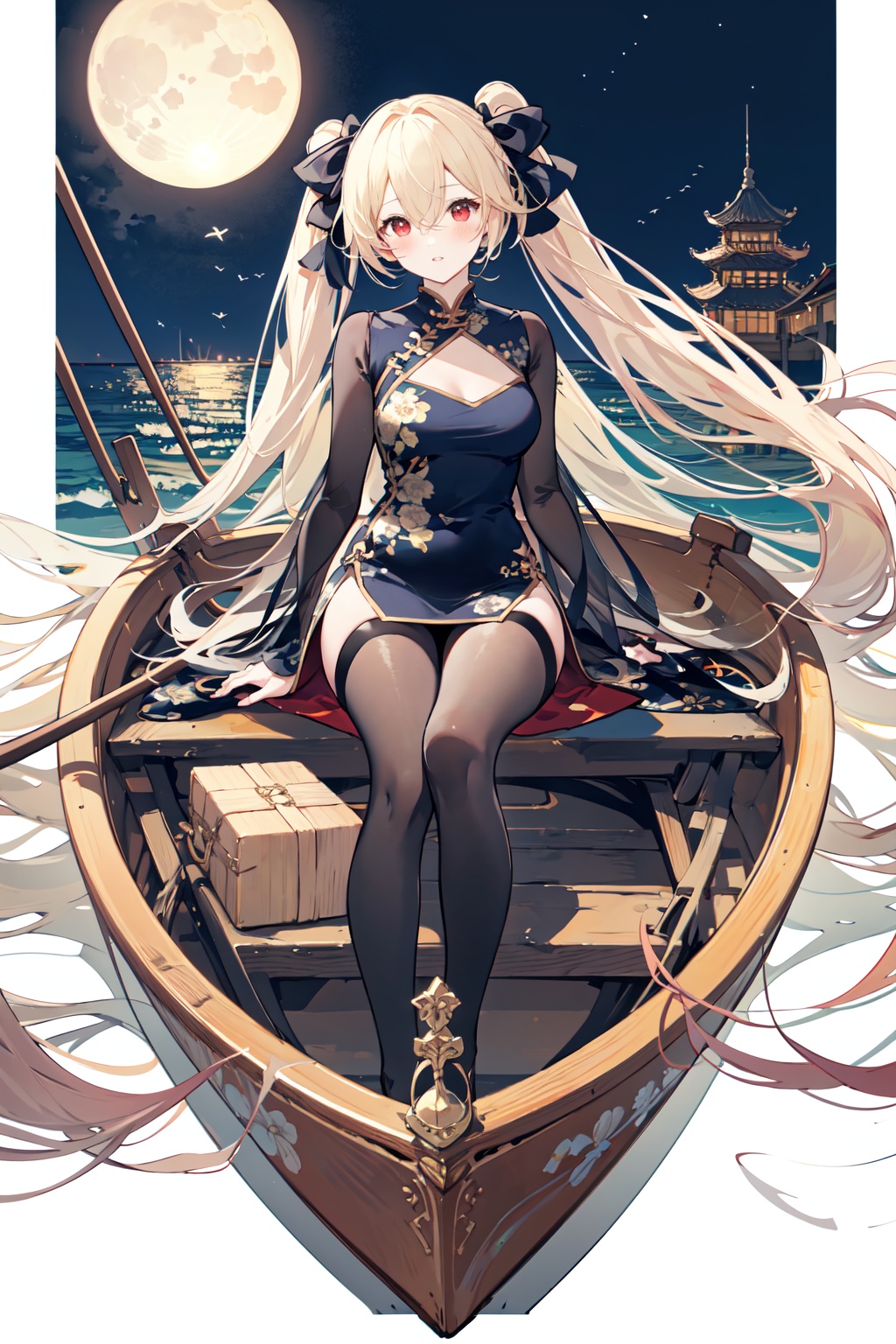 Anchorage ( Moonlit Boat Ride),1girl,solo,twintails,looking at viewer,long hair,ribbon,red eyes,hair ribbon,bangs,hair between eyes,blush,blonde hair,black ribbon,parted lips,Chinese clothes,white background,<lora:Anchorage Moonlit Boat Ride_20240202152152:0.6>,