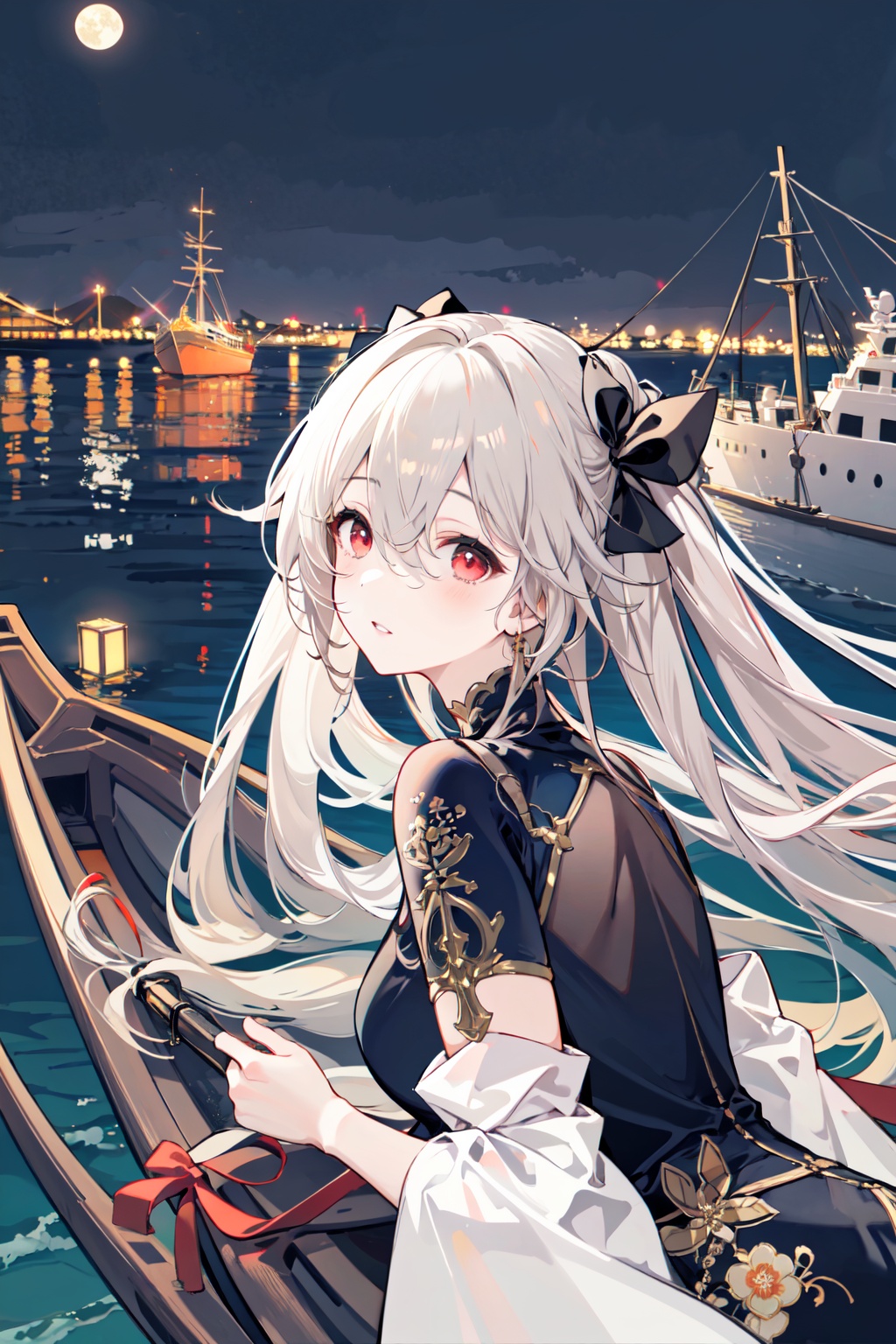 Anchorage ( Moonlit Boat Ride),1girl,solo,twintails,looking at viewer,long hair,ribbon,red eyes,portrait,hair ribbon,bangs,hair between eyes,blush,grey hair,black ribbon,parted lips,Chinese clothes,white background<lora:Anchorage Moonlit Boat Ride_20240202152152:0.8>,