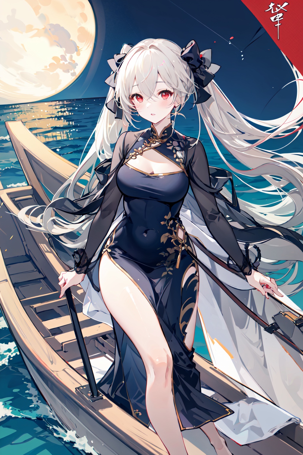 Anchorage ( Moonlit Boat Ride),1girl,solo,twintails,looking at viewer,long hair,ribbon,red eyes,portrait,hair ribbon,bangs,hair between eyes,blush,grey hair,black ribbon,parted lips,Chinese clothes,<lora:Anchorage Moonlit Boat Ride_20240202152152:0.8>,