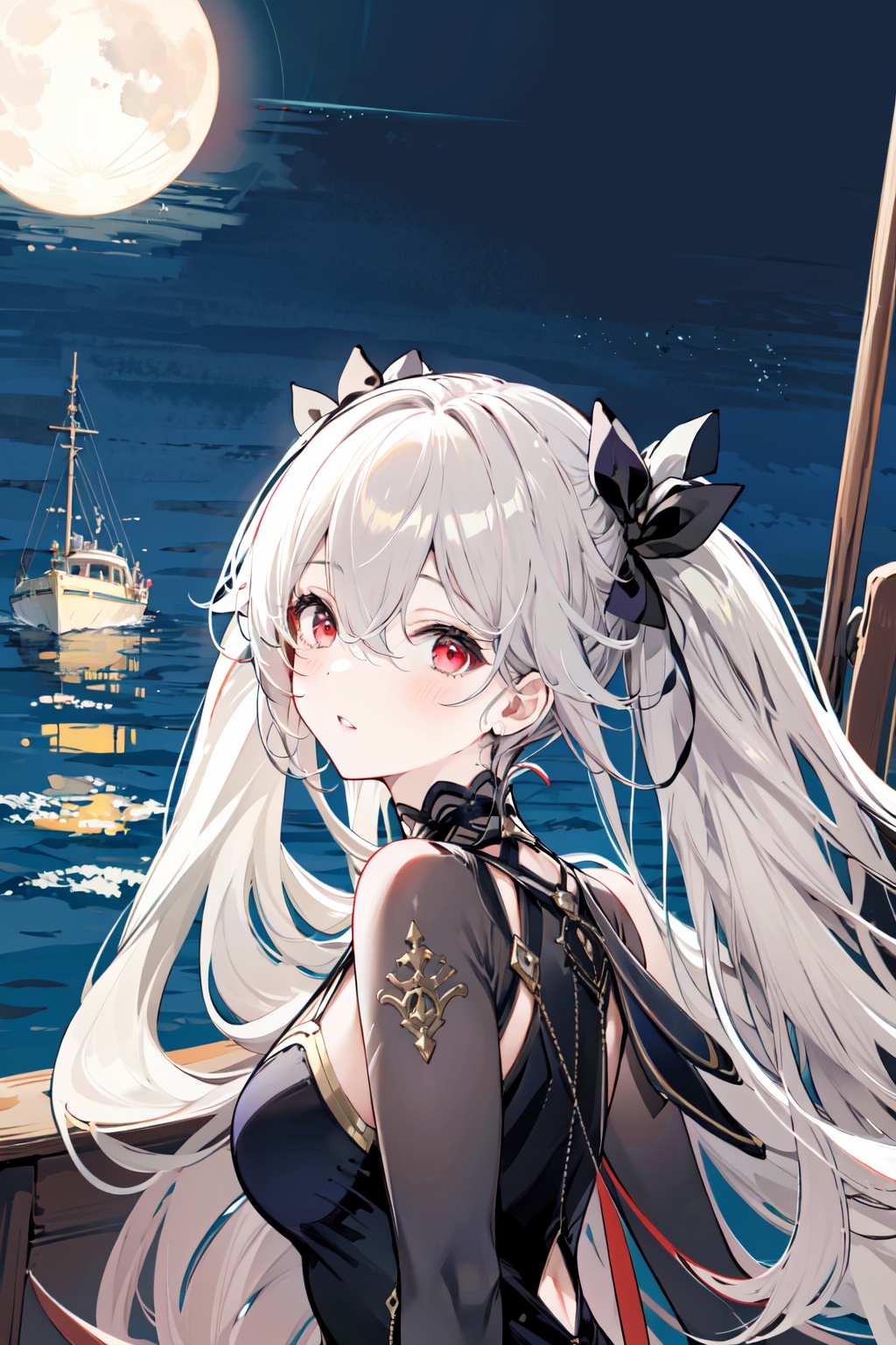 Anchorage ( Moonlit Boat Ride), 1girl, solo, twintails, looking at viewer, long hair, ribbon, red eyes, portrait, hair ribbon, bangs, hair between eyes, blush, grey hair, black ribbon, parted lips<lora:Anchorage Moonlit Boat Ride_20240202152152:0.8>,