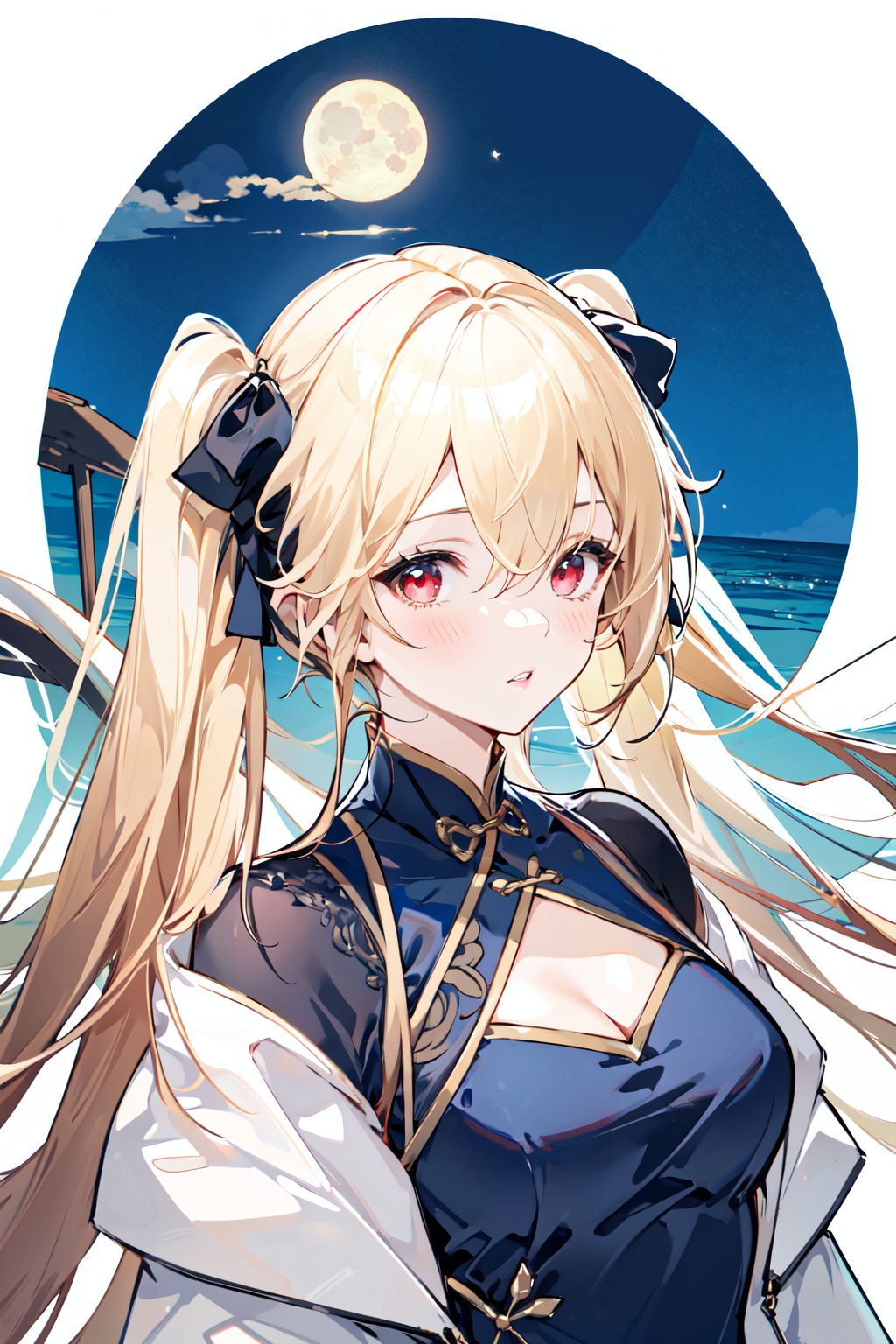 Anchorage ( Moonlit Boat Ride),1girl,solo,twintails,looking at viewer,long hair,ribbon,red eyes,portrait,hair ribbon,bangs,hair between eyes,blush,blonde hair,black ribbon,parted lips,Chinese clothes,white background,<lora:Anchorage Moonlit Boat Ride_20240202152152:0.8>,
