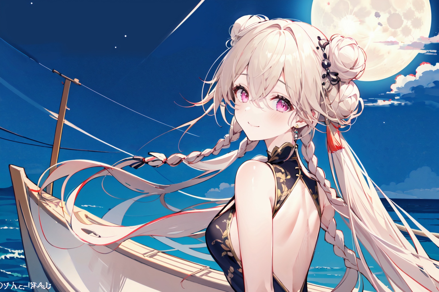 (masterpiece:1.2),best quality,PIXIV,Anchorage ( Moonlit Boat Ride),1girl,solo,long hair,braid,dress,looking at viewer,bun cover,double bun,looking back,black dress,upper body,hair bun,twin braids,smile,bare shoulders,closed mouth,blush,bangs,sleeveless,jewelry,hair between eyes,night,from behind,sleeveless dress,backless outfit,china dress,<lora:Anchorage Moonlit Boat Ride_20240202152152:0.8>,