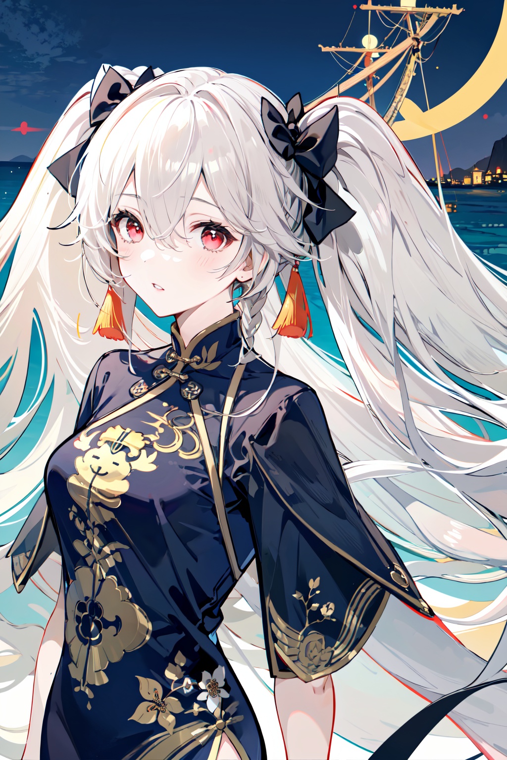 Anchorage ( Moonlit Boat Ride),1girl,solo,twintails,looking at viewer,long hair,ribbon,red eyes,portrait,hair ribbon,bangs,hair between eyes,blush,grey hair,black ribbon,parted lips,Chinese clothes,white background,<lora:Anchorage Moonlit Boat Ride_20240202152152:0.8>,