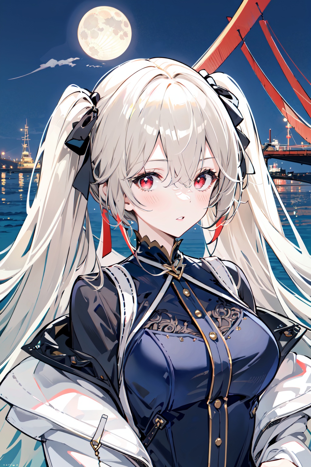 Anchorage ( Moonlit Boat Ride),1girl,solo,twintails,looking at viewer,long hair,ribbon,red eyes,portrait,hair ribbon,bangs,hair between eyes,blush,grey hair,black ribbon,parted lips,<lora:Anchorage Moonlit Boat Ride_20240202152152:0.8>,