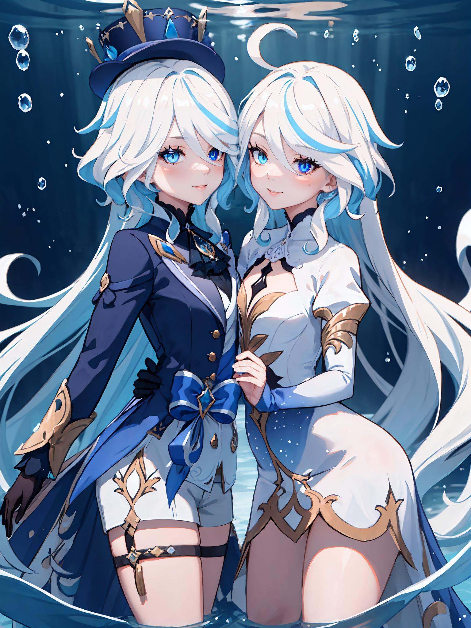 furina \(genshin impact\) on the left and focalors \(genshin impact\) on the right,  ,  underwater on Tensor.Art