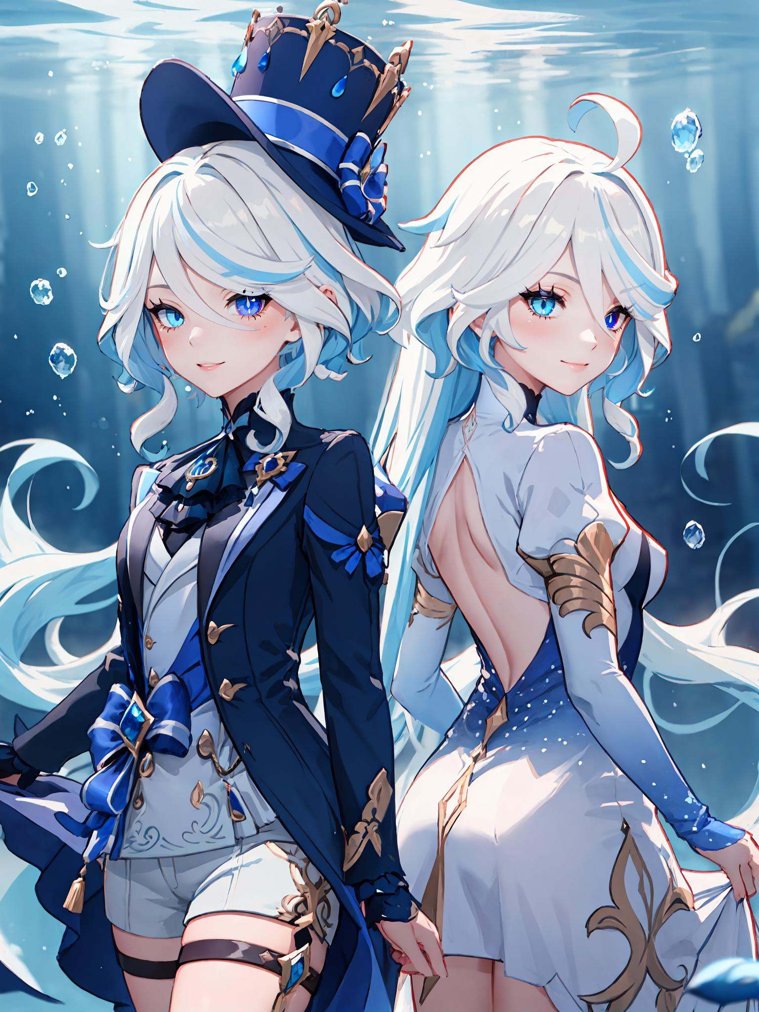 furina \(genshin impact\) on the left and focalors \(genshin impact\) on the right,  ,  underwater on Tensor.Art