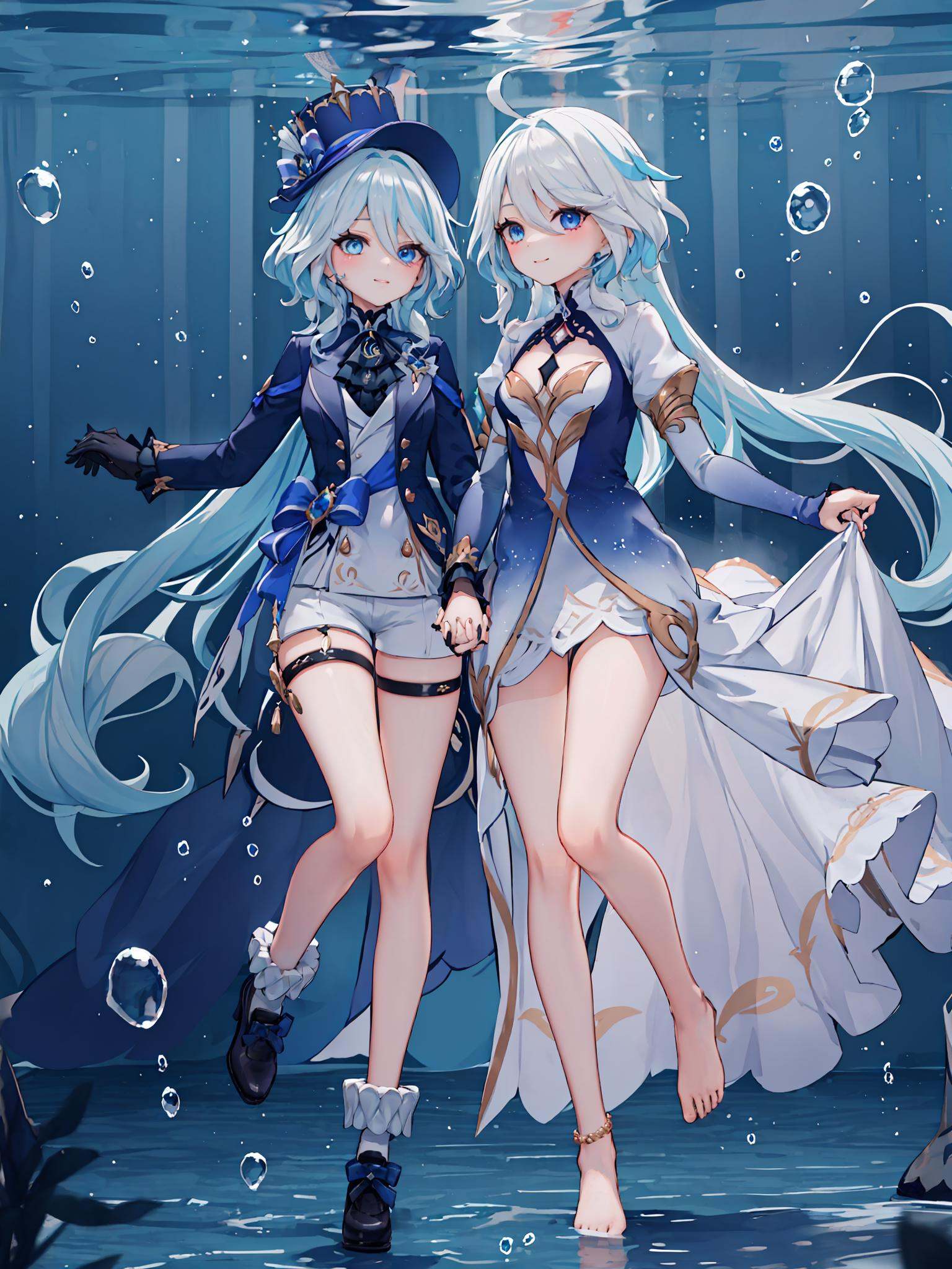 furina \(genshin impact\) on the left and focalors \(genshin impact\) on the right,  ,  underwater on Tensor.Art