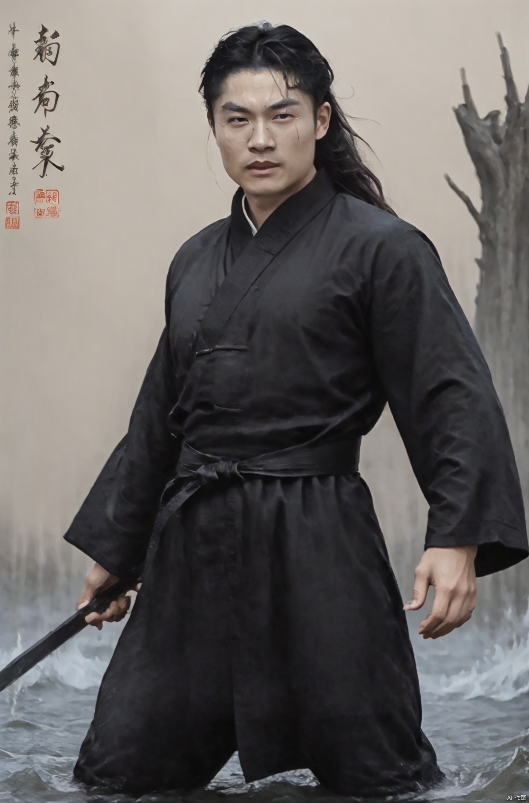  sdmai, wuxia, Chinese ink painting, artistic ink painting, Chinese martial arts films, wearing black robes, fighting posture, cinematic grandeur, splashing details, wild and powerful, solo, weapon, black hair, sword, long hair, male focus, looking at viewer, 1boy, scar, asuo