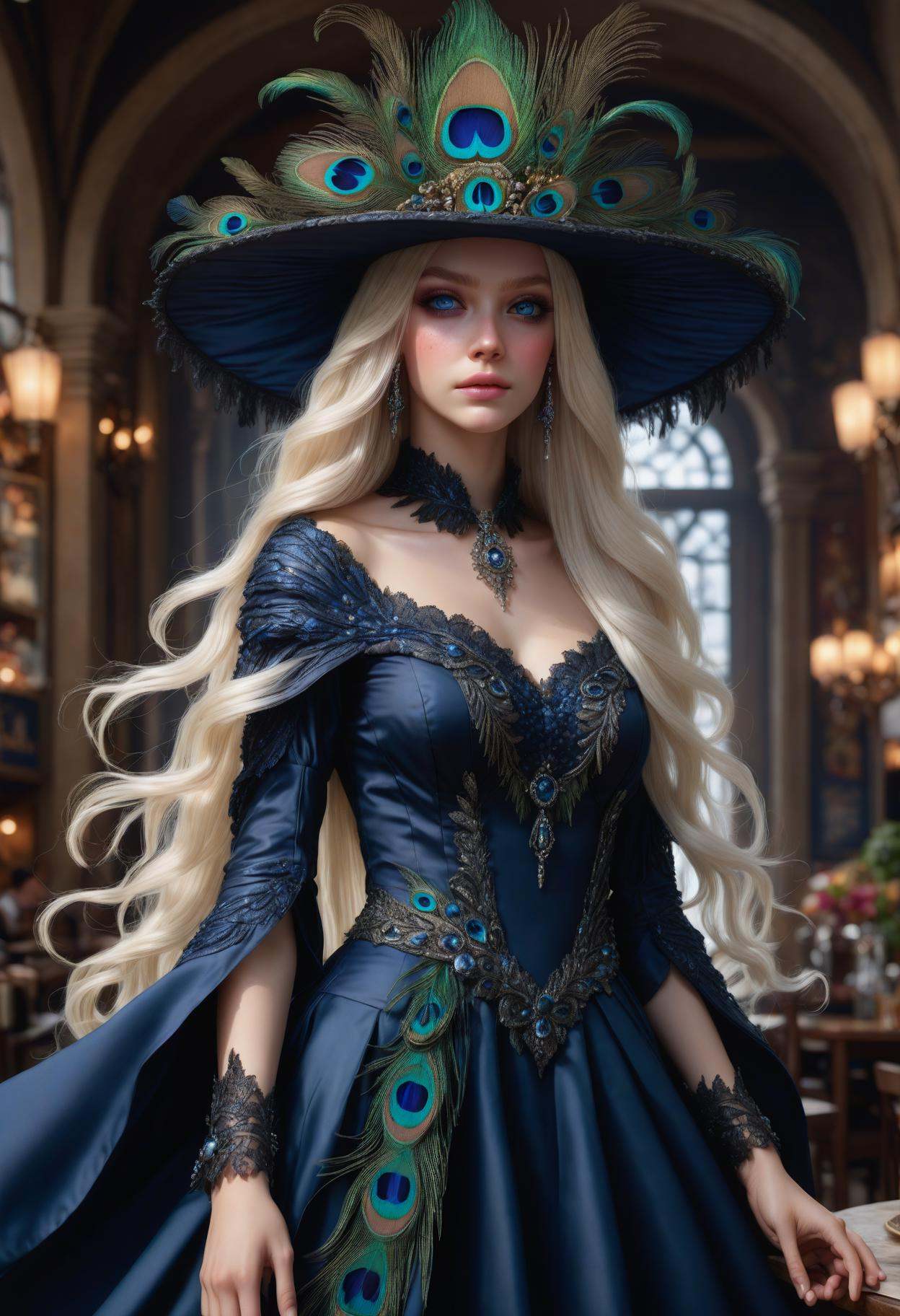 photorealistic,  DonMM1y4XL witch's gown,  peacock feather headpiece by DonMischo on Tensor.Art