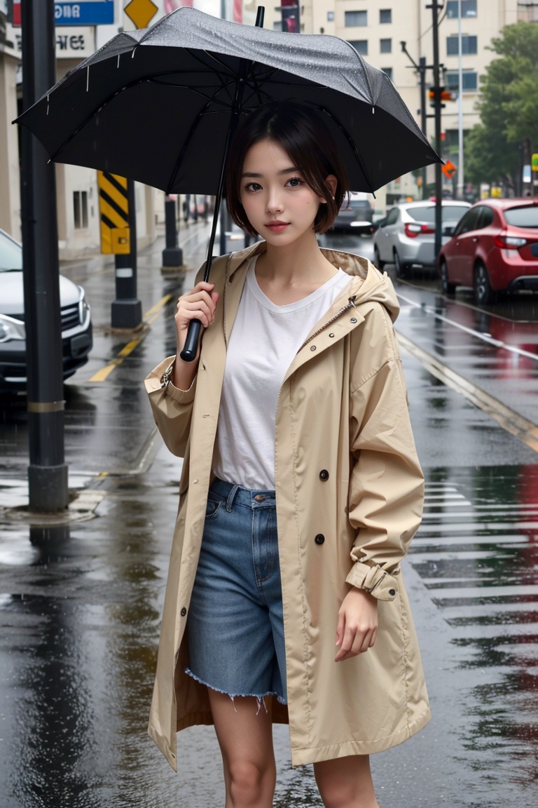 1girl, solo, short hair, brown eyes,raincoat,city, rain, holding umbrella, looking at viewer