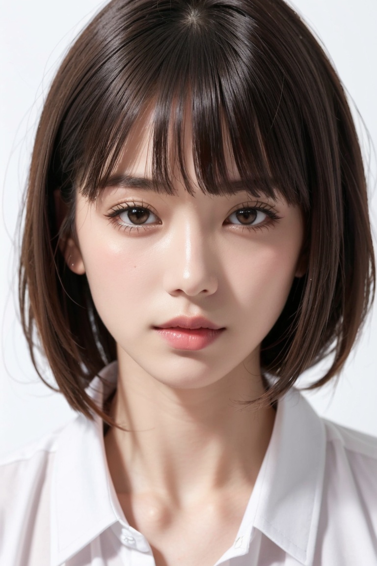 1girl, solo, short hair, long hair, bangs, blunt bangs, red eyes, lips,white shirt,simple background, white background, face, looking at viewer, 