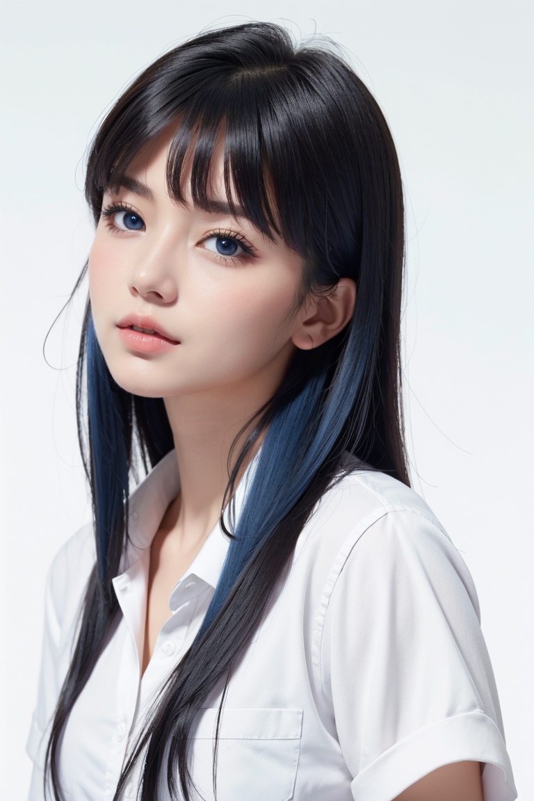 1girl, solo, short hair, long hair, blue hair, bangs, blunt bangs, blue eyes, lips,white shirt, simple background, white background, face, 