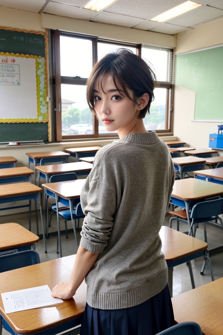 1girl, solo, short hair, teacher, classroom, 