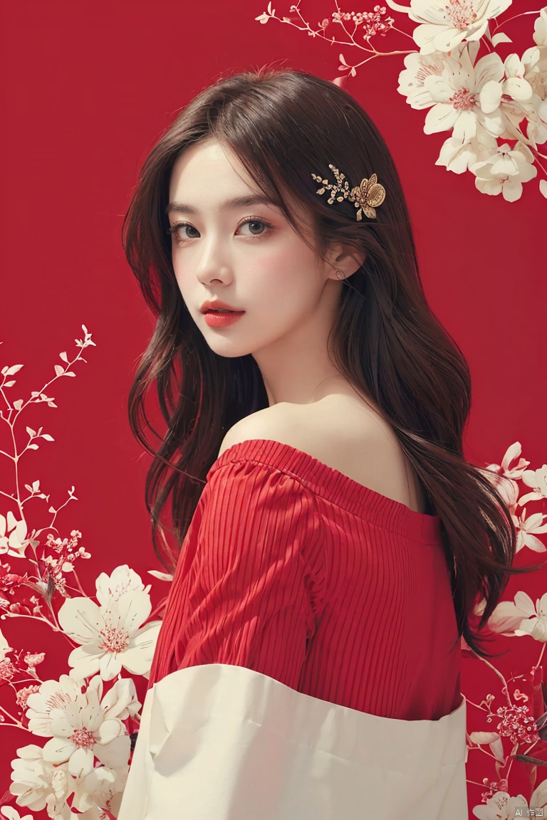  (masterpiece, best quality:1.2),(1girl),aged vintage paper,
a red background with white waves wallpaper,Pencil Draw,