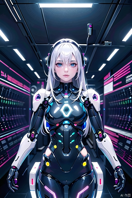 a pvc cute female robot, green eye, sleek and futuristic design, transparent plastic, internal cybernetic circuitry, top model, looking at viewer, fashion show photography, internal colorful led lights, ultra realistic, 8k, volumetric light, extremely detailed, intricate, symetrical, 